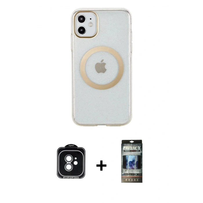 MARSİLYAN™- iPhone 11 Kılıf Pusula Form - Siyah 34D Hayalet Izgaralı Cam + PVD Metal Kamera Lens - YL