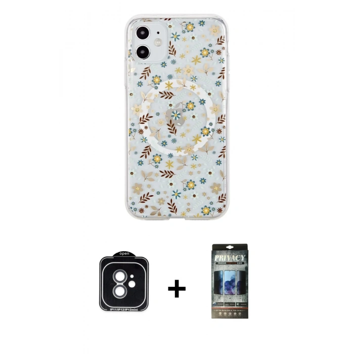 MARSİLYAN™- iPhone 11 Kılıf Pusula Form - Siyah 34D Hayalet Izgaralı Cam + PVD Metal Kamera Lens - YL