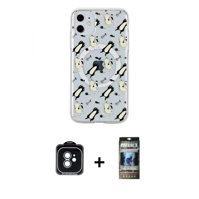 MARSİLYAN™- iPhone 11 Kılıf Pusula Form - Siyah 34D Hayalet Izgaralı Cam + PVD Metal Kamera Lens - YL