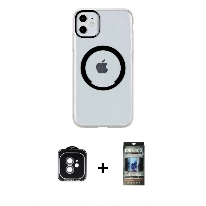 MARSİLYAN™- iPhone 11 Kılıf Pusula Form - Siyah 34D Hayalet Izgaralı Cam + PVD Metal Kamera Lens - YL