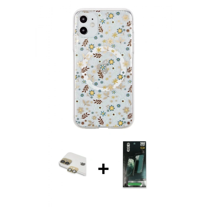 MARSİLYAN™- iPhone 11 Kılıf Pusula Form - Siyah 360 Mat Full Body Arka Koruyucu + Pers Alüminyum Kamera Lens - GD