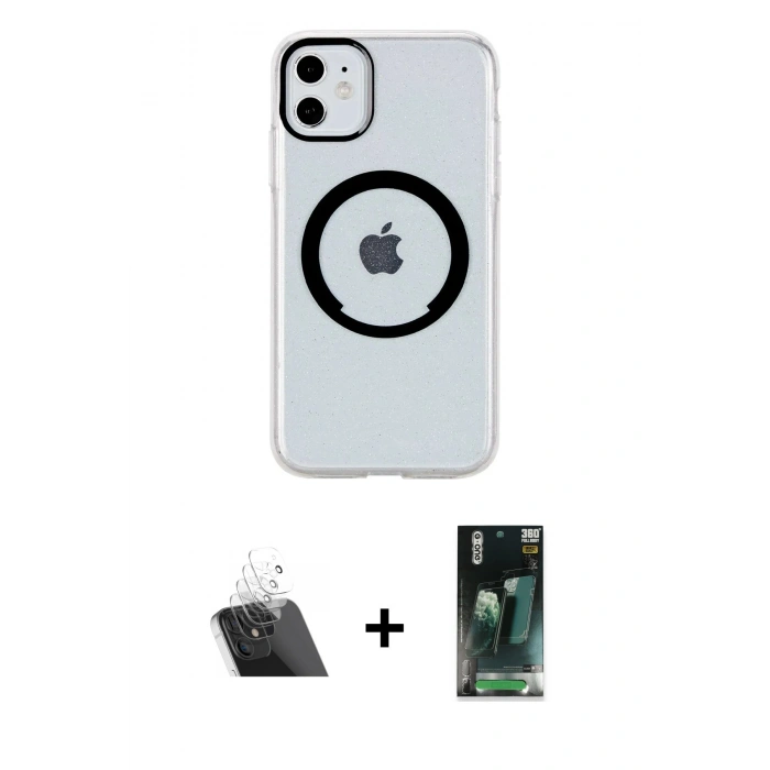 MARSİLYAN™- iPhone 11 Kılıf Pusula Form - Siyah 360 Mat Full Body Arka Koruyucu + Kamera Lens Koruma Cam - SF