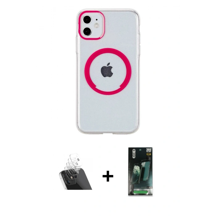 MARSİLYAN™- iPhone 11 Kılıf Pusula Form - Siyah 360 Mat Full Body Arka Koruyucu + Kamera Lens Koruma Cam - SF