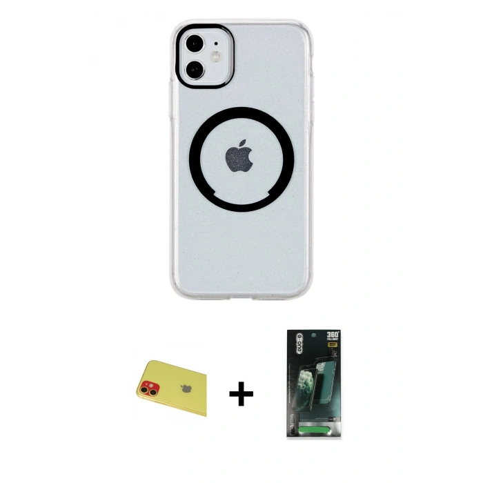 MARSİLYAN™- iPhone 11 Kılıf Pusula Form - Siyah 360 Mat Full Body Arka Koruyucu + Rainbow Kamera Lens Koruma Cam - KI