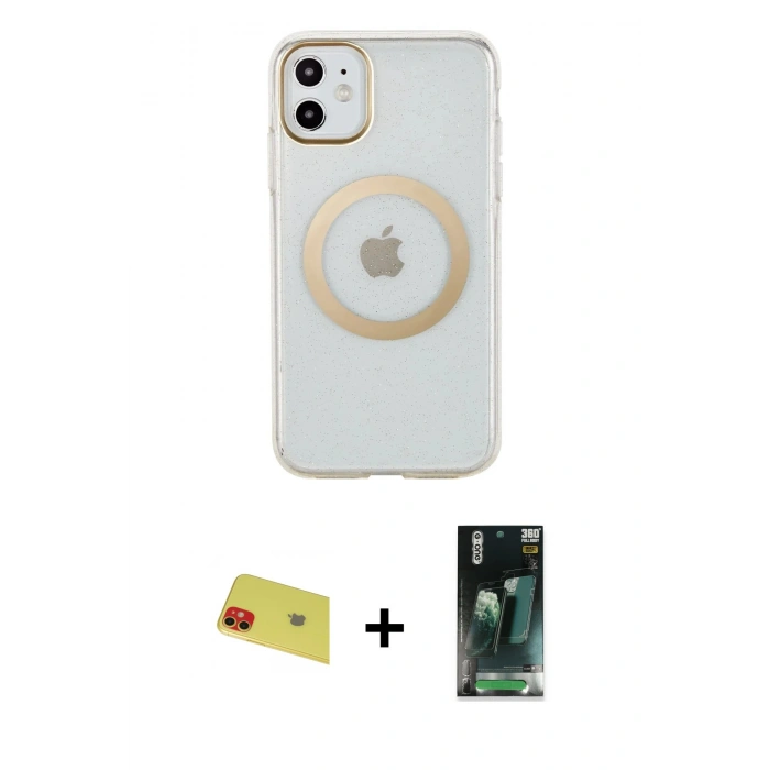 MARSİLYAN™- iPhone 11 Kılıf Pusula Form - Siyah 360 Mat Full Body Arka Koruyucu + Rainbow Kamera Lens Koruma Cam - KI