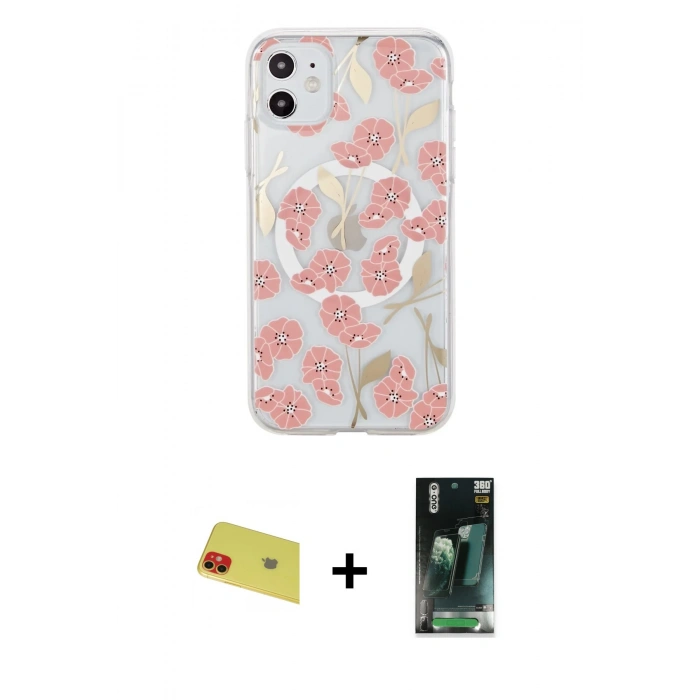 MARSİLYAN™- iPhone 11 Kılıf Pusula Form - Siyah 360 Mat Full Body Arka Koruyucu + Rainbow Kamera Lens Koruma Cam - KI