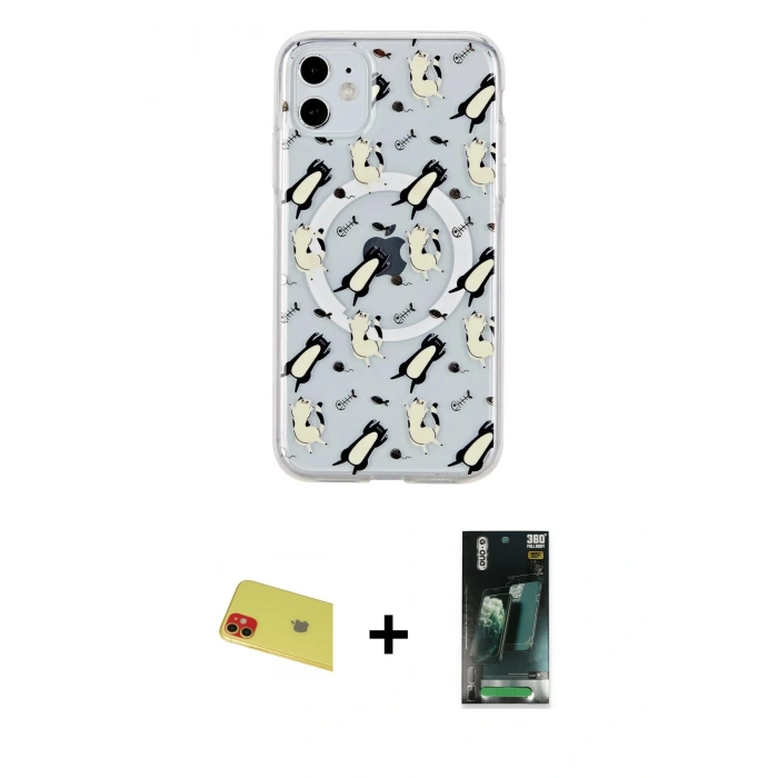 MARSİLYAN™- iPhone 11 Kılıf Pusula Form - Siyah 360 Mat Full Body Arka Koruyucu + Rainbow Kamera Lens Koruma Cam - KI
