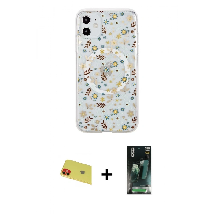 MARSİLYAN™- iPhone 11 Kılıf Pusula Form - Siyah 360 Mat Full Body Arka Koruyucu + Rainbow Kamera Lens Koruma Cam - KI