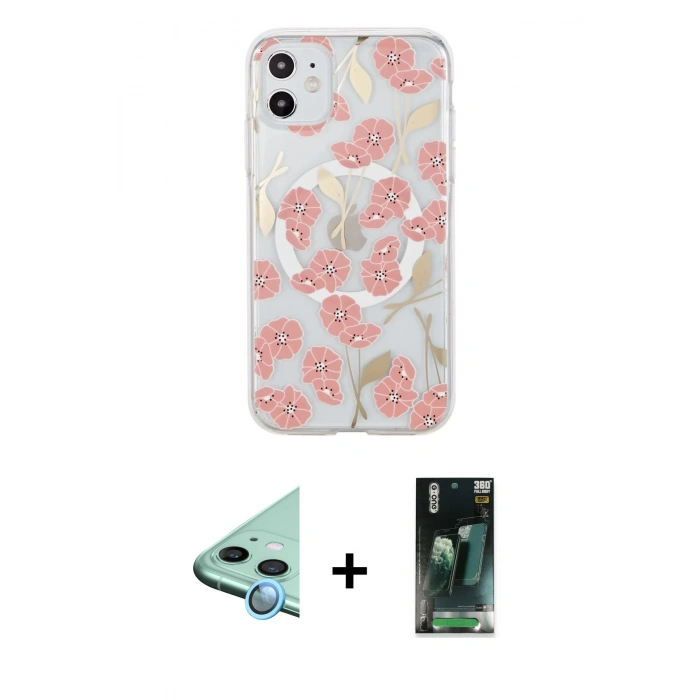 MARSİLYAN™- iPhone 11 Kılıf Pusula Form - Siyah 360 Mat Full Body Arka Koruyucu + Raze Metal Kamera Lens - MI
