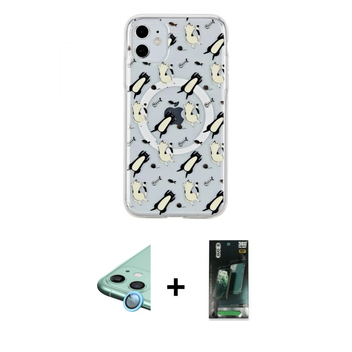 MARSİLYAN™- iPhone 11 Kılıf Pusula Form - Siyah 360 Mat Full Body Arka Koruyucu + Raze Metal Kamera Lens - MI