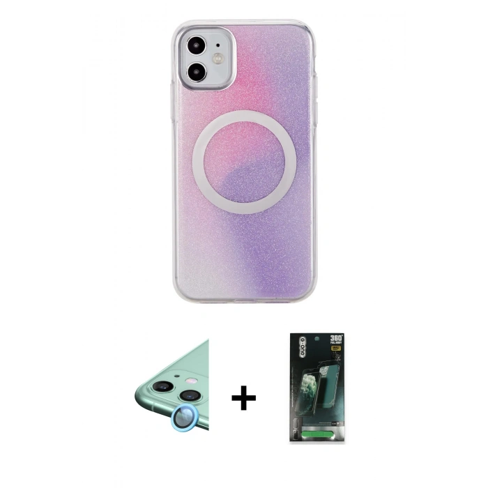 MARSİLYAN™- iPhone 11 Kılıf Pusula Form - Siyah 360 Mat Full Body Arka Koruyucu + Raze Metal Kamera Lens - MI