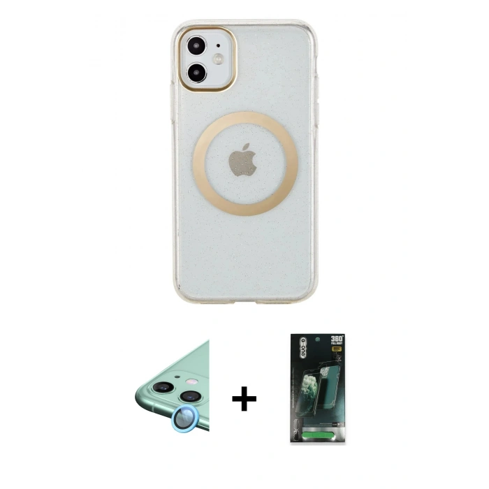 MARSİLYAN™- iPhone 11 Kılıf Pusula Form - Siyah 360 Mat Full Body Arka Koruyucu + Raze Metal Kamera Lens - MI