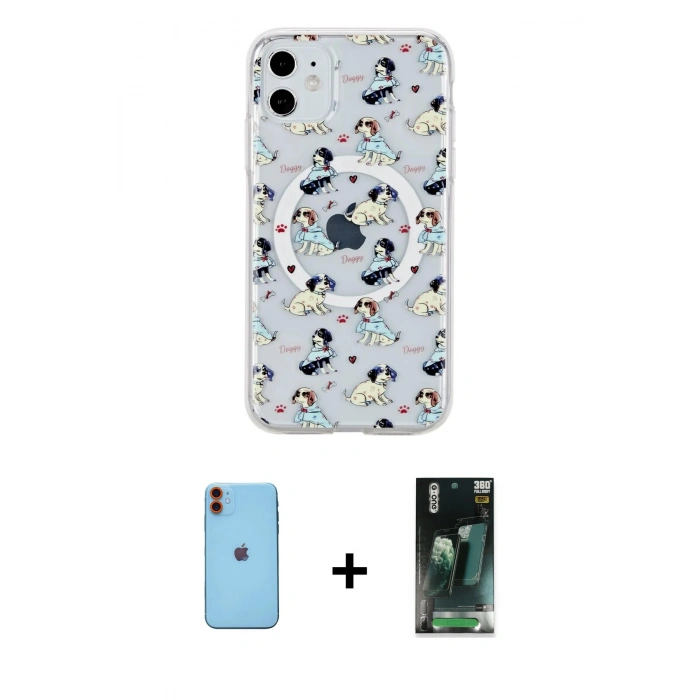 MARSİLYAN™- iPhone 11 Kılıf Pusula Form - Siyah 360 Mat Full Body Arka Koruyucu + Neon Fosforlu Kamera Lens - TU