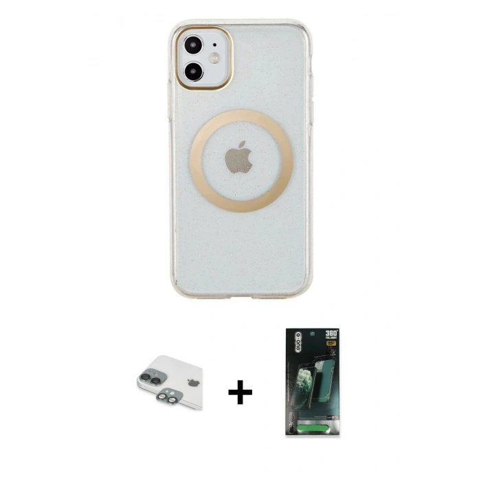 MARSİLYAN™- iPhone 11 Kılıf Pusula Form - Siyah 360 Mat Full Body Arka Koruyucu + Pers Alüminyum Kamera Lens - YL