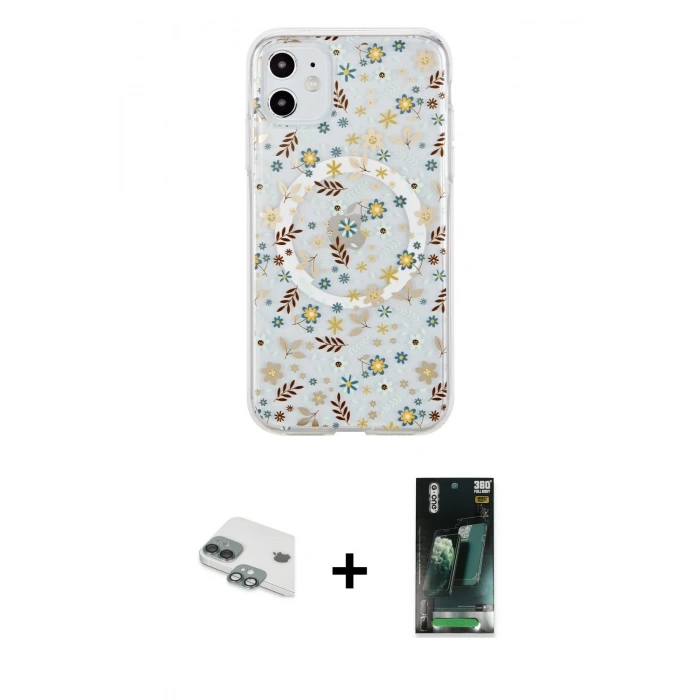 MARSİLYAN™- iPhone 11 Kılıf Pusula Form - Siyah 360 Mat Full Body Arka Koruyucu + Pers Alüminyum Kamera Lens - YL