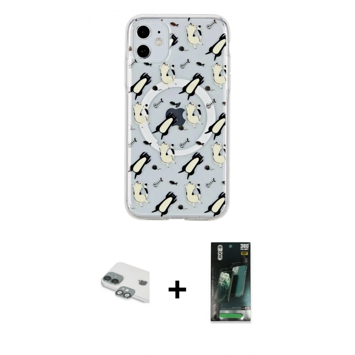 MARSİLYAN™- iPhone 11 Kılıf Pusula Form - Siyah 360 Mat Full Body Arka Koruyucu + Pers Alüminyum Kamera Lens - YL