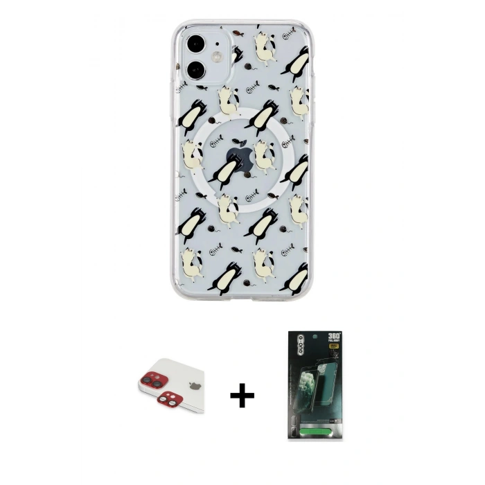 MARSİLYAN™- iPhone 11 Kılıf Pusula Form - Siyah 360 Mat Full Body Arka Koruyucu + Pers Alüminyum Kamera Lens - KI