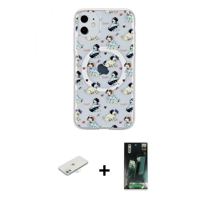 MARSİLYAN™- iPhone 11 Kılıf Pusula Form - Siyah 360 Mat Full Body Arka Koruyucu + Renkli Kamera Lens Koruma Cam - SI