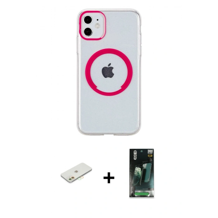 MARSİLYAN™- iPhone 11 Kılıf Pusula Form - Siyah 360 Mat Full Body Arka Koruyucu + Renkli Kamera Lens Koruma Cam - TU