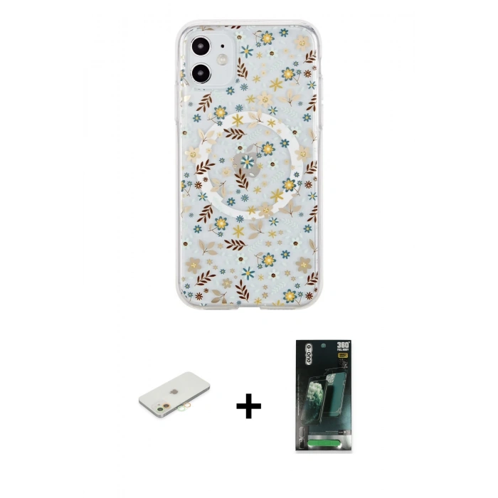 MARSİLYAN™- iPhone 11 Kılıf Pusula Form - Siyah 360 Mat Full Body Arka Koruyucu + Renkli Kamera Lens Koruma Cam - TU
