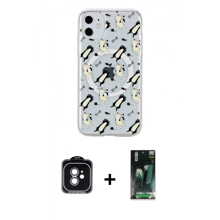 MARSİLYAN™- iPhone 11 Kılıf Pusula Form - Siyah 360 Mat Full Body Arka Koruyucu + PVD Metal Kamera Lens - YL