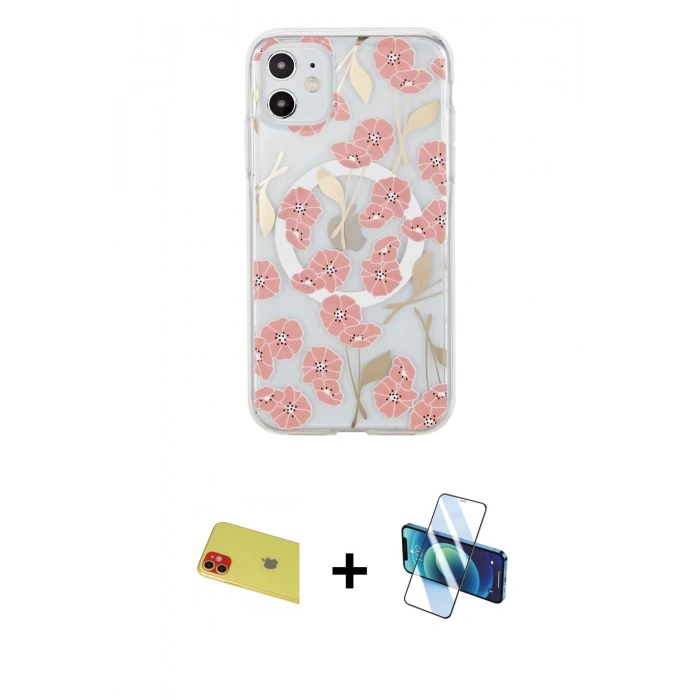 MARSİLYAN™- iPhone 11 Kılıf Pusula Form - Siyah 3D Antistatik Cam Ekran Koruyucu + Rainbow Kamera Lens Koruma Cam - KI