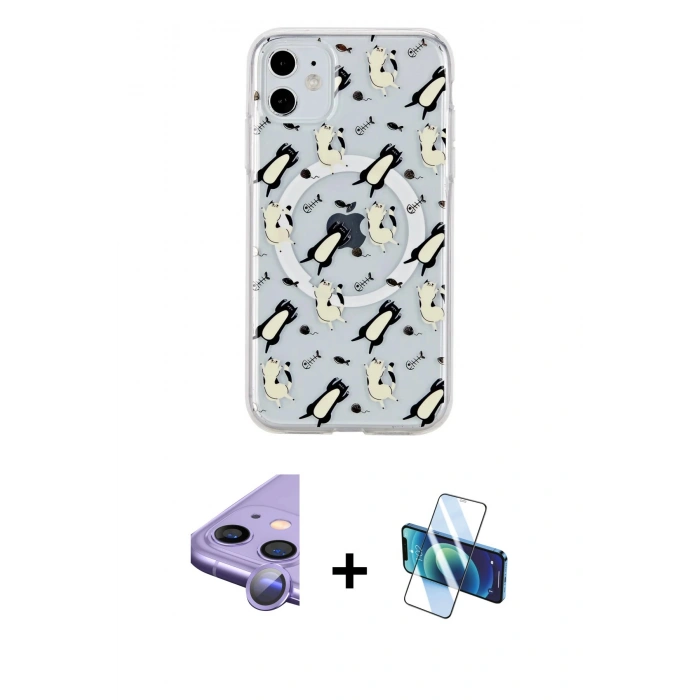 MARSİLYAN™- iPhone 11 Kılıf Pusula Form - Siyah 3D Antistatik Cam Ekran Koruyucu + Raze Metal Kamera Lens - MR