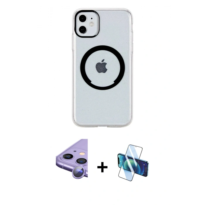 MARSİLYAN™- iPhone 11 Kılıf Pusula Form - Siyah 3D Antistatik Cam Ekran Koruyucu + Raze Metal Kamera Lens - MR