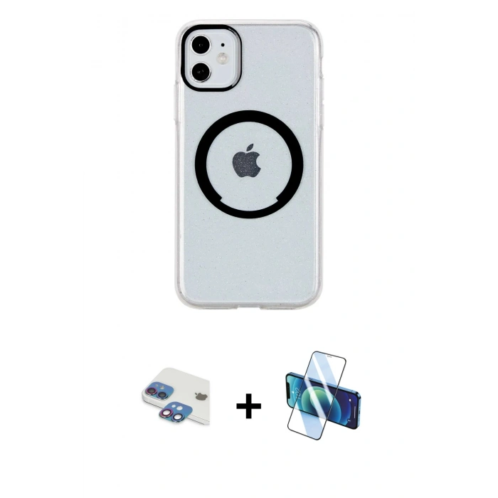 MARSİLYAN™- iPhone 11 Kılıf Pusula Form - Siyah 3D Antistatik Cam Ekran Koruyucu + Pers Alüminyum Kamera Lens - GI