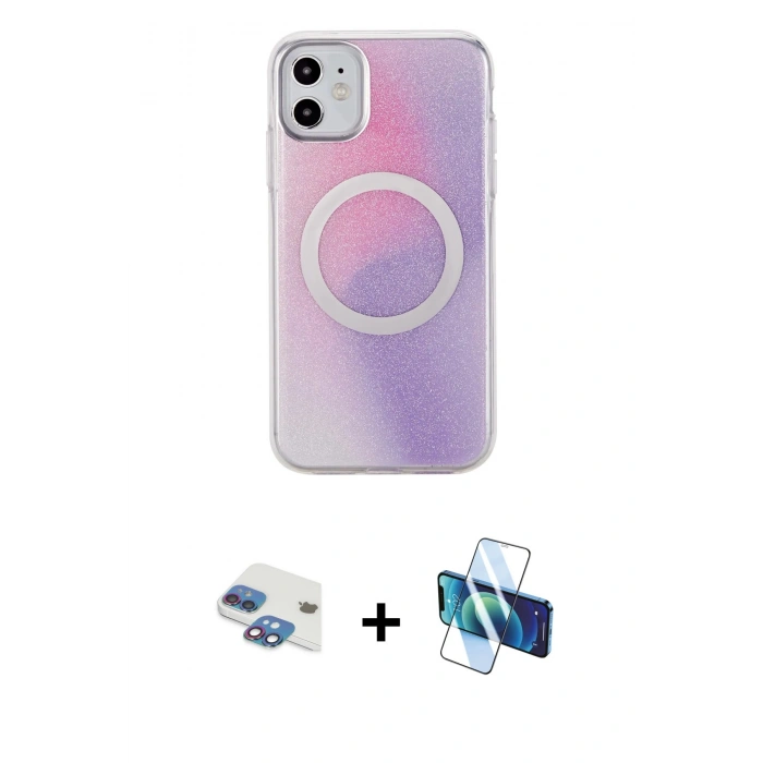 MARSİLYAN™- iPhone 11 Kılıf Pusula Form - Siyah 3D Antistatik Cam Ekran Koruyucu + Pers Alüminyum Kamera Lens - GI