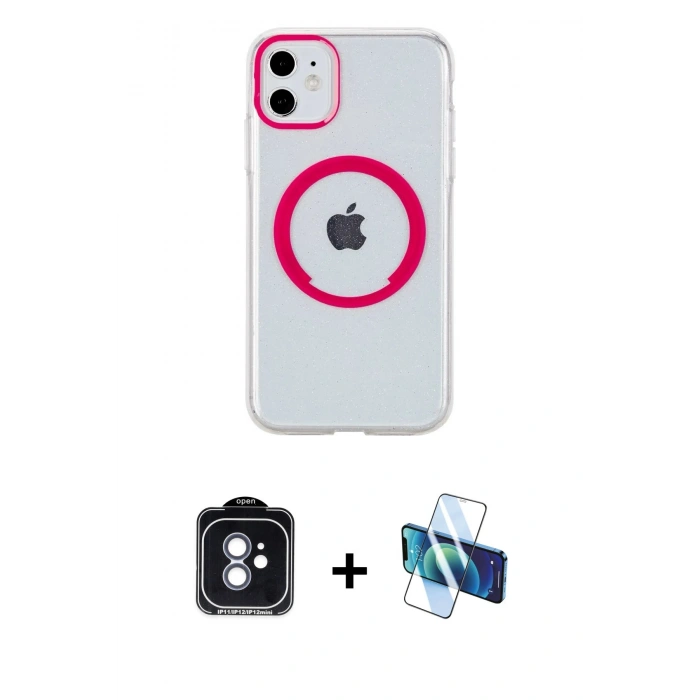 MARSİLYAN™- iPhone 11 Kılıf Pusula Form - Siyah 3D Antistatik Cam Ekran Koruyucu + PVD Metal Kamera Lens - MI