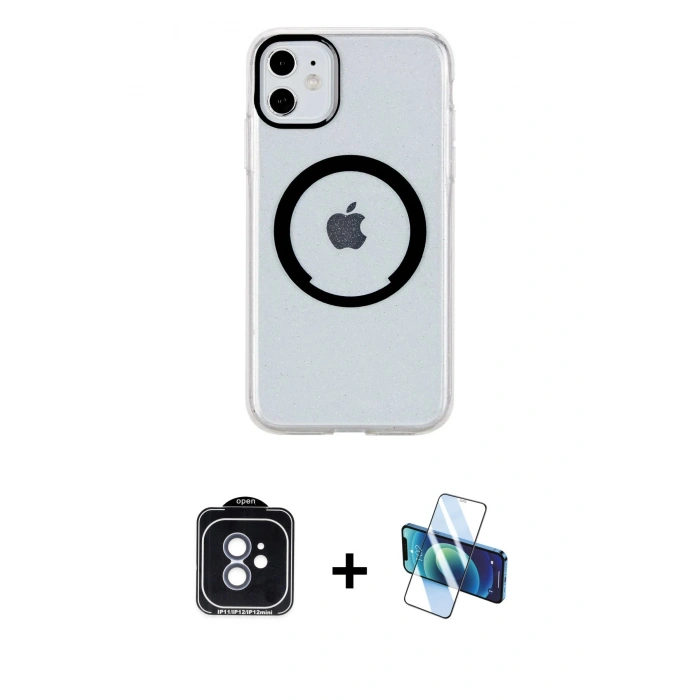 MARSİLYAN™- iPhone 11 Kılıf Pusula Form - Siyah 3D Antistatik Cam Ekran Koruyucu + PVD Metal Kamera Lens - MI
