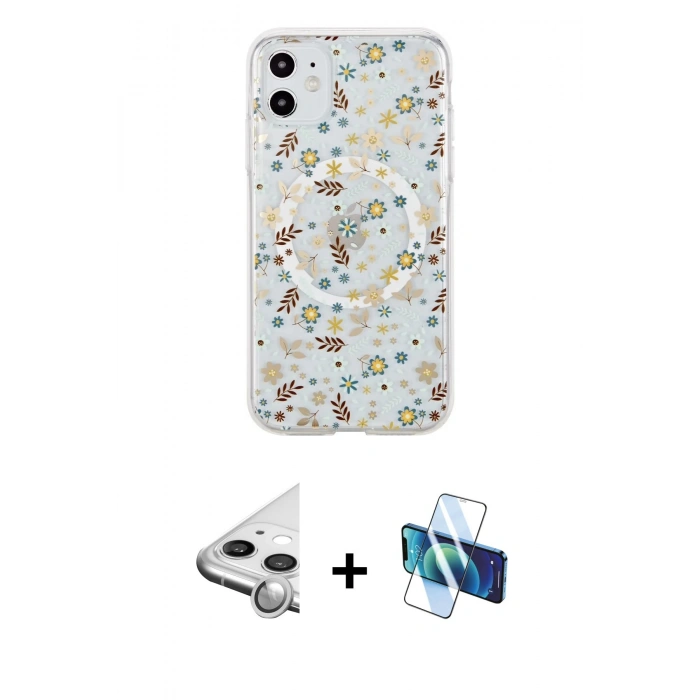 MARSİLYAN™- iPhone 11 Kılıf Pusula Form - Siyah 3D Antistatik Cam Ekran Koruyucu + Raze Metal Kamera Lens - GS