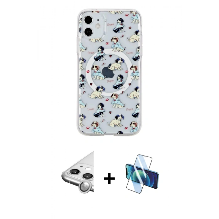 MARSİLYAN™- iPhone 11 Kılıf Pusula Form - Siyah 3D Antistatik Cam Ekran Koruyucu + Raze Metal Kamera Lens - GS