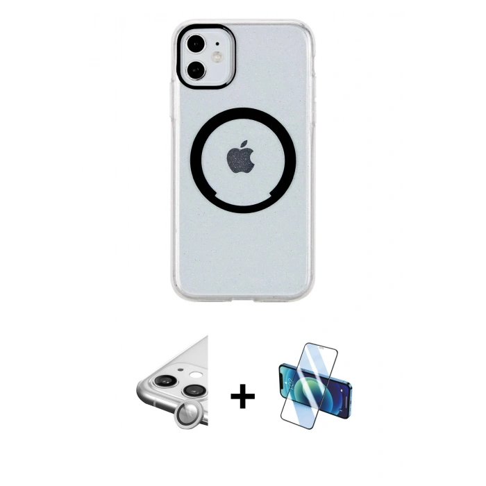 MARSİLYAN™- iPhone 11 Kılıf Pusula Form - Siyah 3D Antistatik Cam Ekran Koruyucu + Raze Metal Kamera Lens - GS