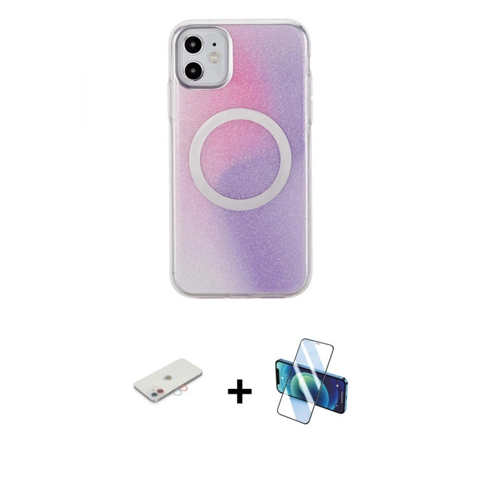 MARSİLYAN™- iPhone 11 Kılıf Pusula Form - Siyah 3D Antistatik Cam Ekran Koruyucu + Renkli Kamera Lens Koruma Cam - PE