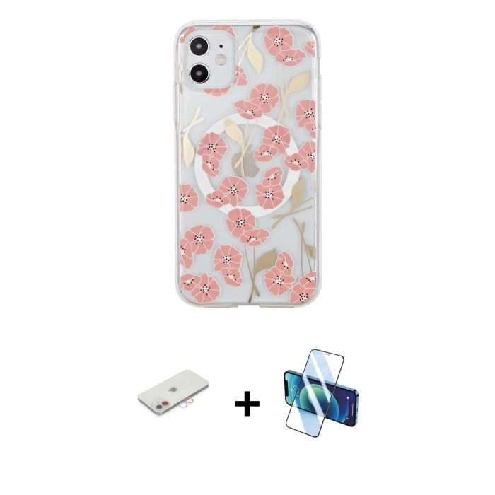 MARSİLYAN™- iPhone 11 Kılıf Pusula Form - Siyah 3D Antistatik Cam Ekran Koruyucu + Renkli Kamera Lens Koruma Cam - PE