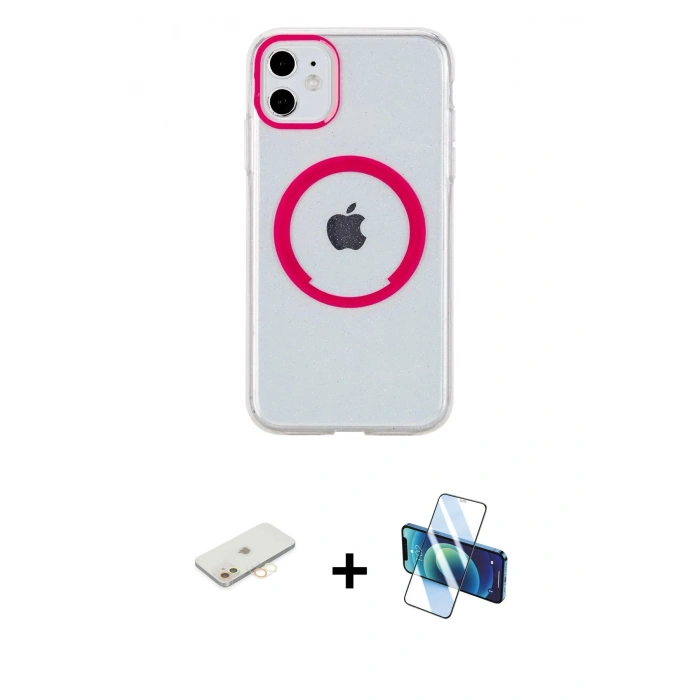 MARSİLYAN™- iPhone 11 Kılıf Pusula Form - Siyah 3D Antistatik Cam Ekran Koruyucu + Renkli Kamera Lens Koruma Cam - SI