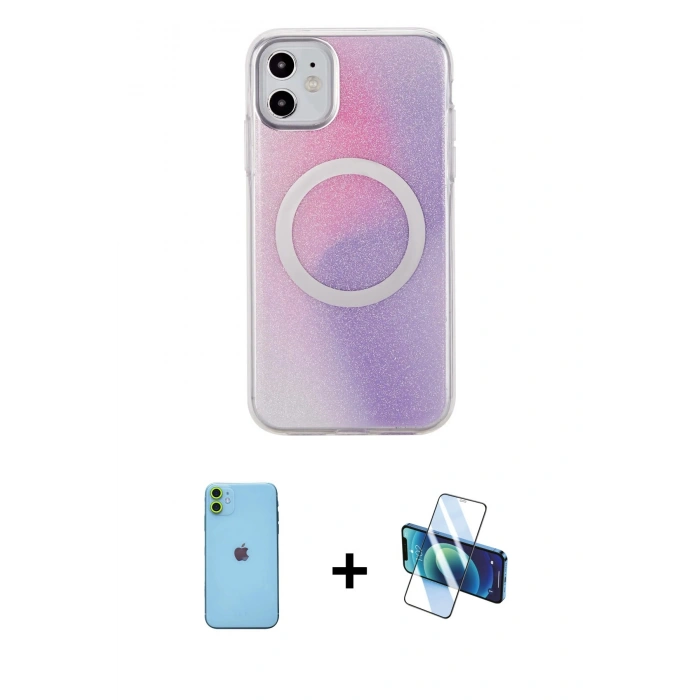 MARSİLYAN™- iPhone 11 Kılıf Pusula Form - Siyah 3D Antistatik Cam Ekran Koruyucu + Neon Fosforlu Kamera Lens - YL