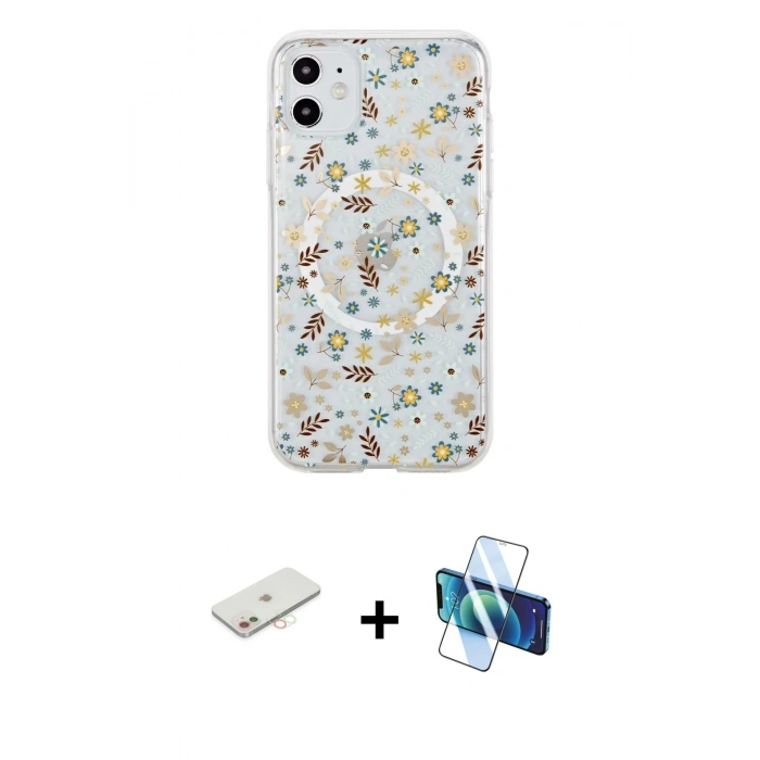 MARSİLYAN™- iPhone 11 Kılıf Pusula Form - Siyah 3D Antistatik Cam Ekran Koruyucu + Renkli Kamera Lens Koruma Cam - YL