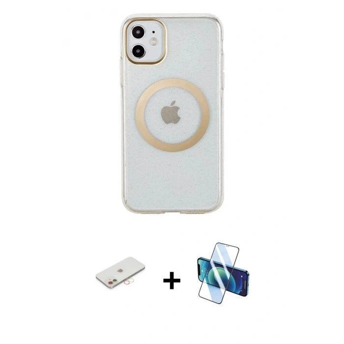 MARSİLYAN™- iPhone 11 Kılıf Pusula Form - Siyah 3D Antistatik Cam Ekran Koruyucu + Renkli Kamera Lens Koruma Cam - YL