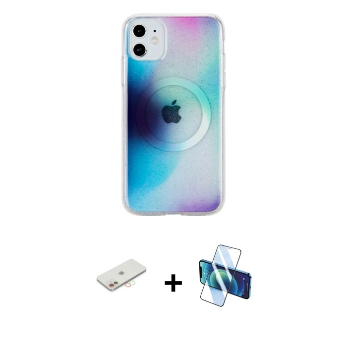 MARSİLYAN™- iPhone 11 Kılıf Pusula Form - Siyah 3D Antistatik Cam Ekran Koruyucu + Renkli Kamera Lens Koruma Cam - YL