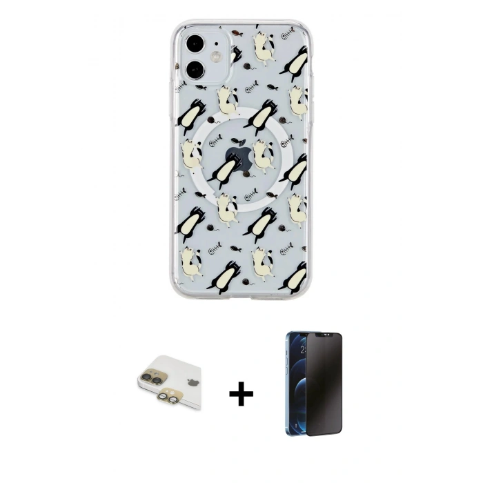 MARSİLYAN™- iPhone 11 Kılıf Pusula Form - Siyah 3D Antistatik Hayalet Cam Ekran Koruyucu + Pers Alüminyum Kamera Lens - GD
