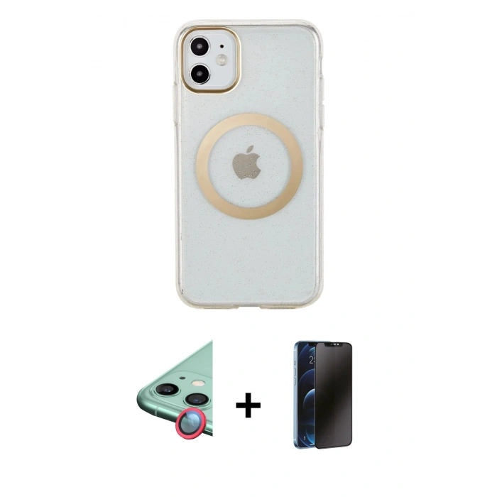 MARSİLYAN™- iPhone 11 Kılıf Pusula Form - Siyah 3D Antistatik Hayalet Cam Ekran Koruyucu + Raze Metal Kamera Lens - KI