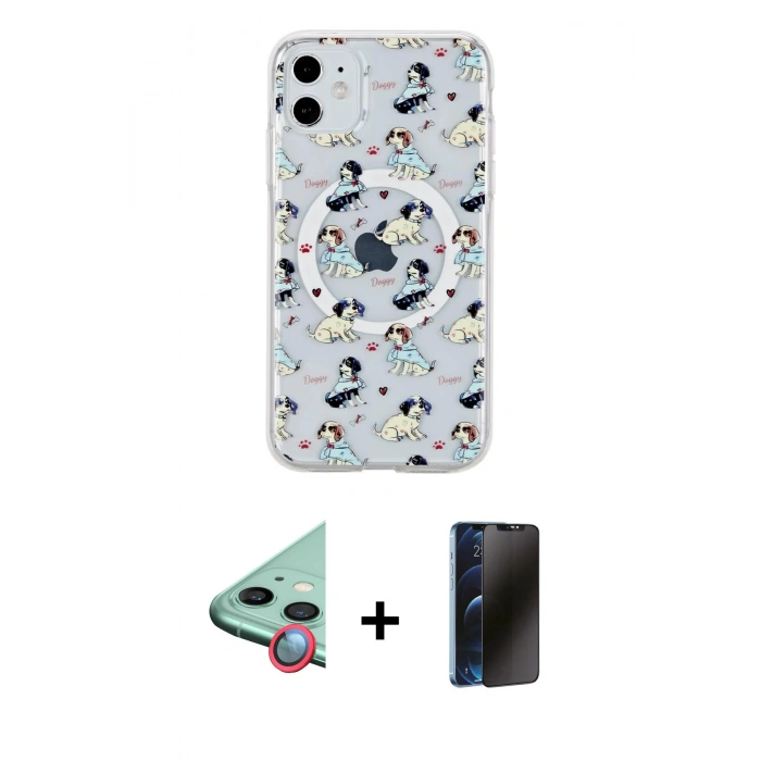 MARSİLYAN™- iPhone 11 Kılıf Pusula Form - Siyah 3D Antistatik Hayalet Cam Ekran Koruyucu + Raze Metal Kamera Lens - KI