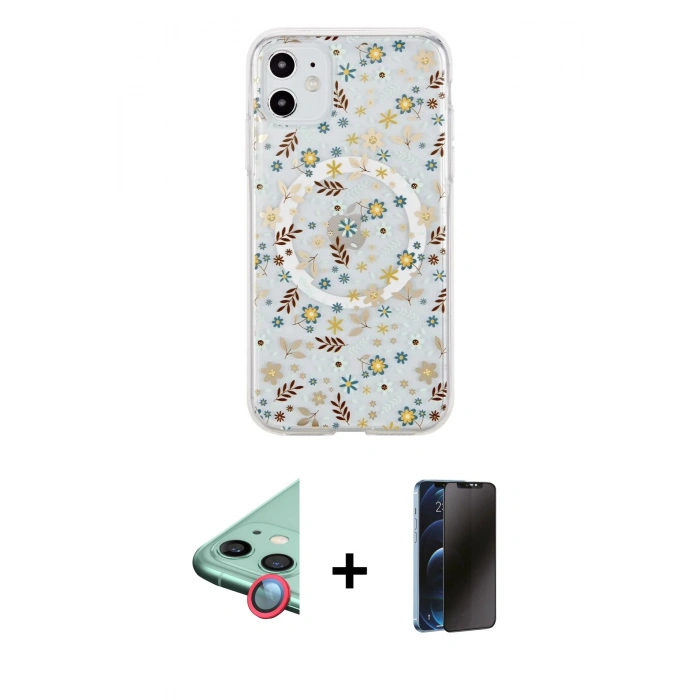 MARSİLYAN™- iPhone 11 Kılıf Pusula Form - Siyah 3D Antistatik Hayalet Cam Ekran Koruyucu + Raze Metal Kamera Lens - KI