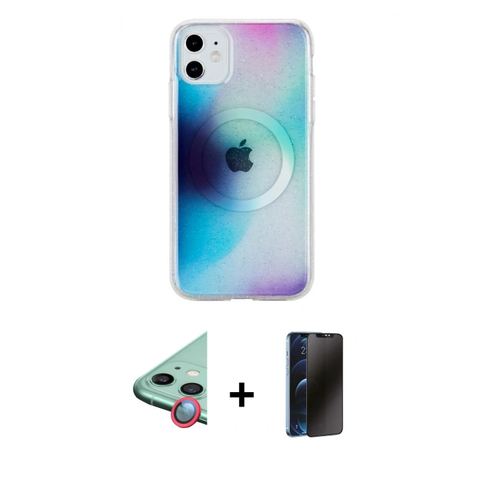 MARSİLYAN™- iPhone 11 Kılıf Pusula Form - Siyah 3D Antistatik Hayalet Cam Ekran Koruyucu + Raze Metal Kamera Lens - KI