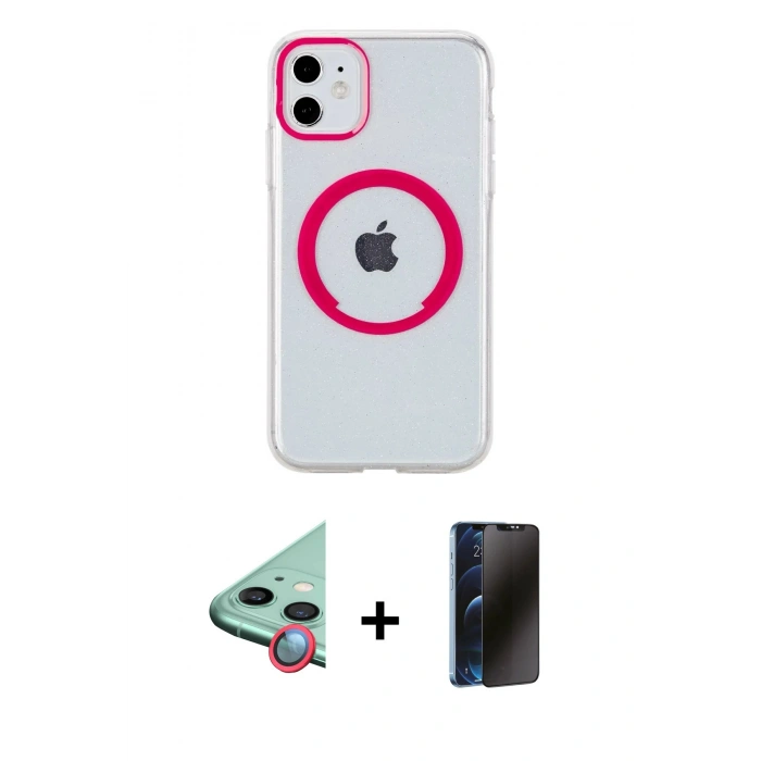 MARSİLYAN™- iPhone 11 Kılıf Pusula Form - Siyah 3D Antistatik Hayalet Cam Ekran Koruyucu + Raze Metal Kamera Lens - KI
