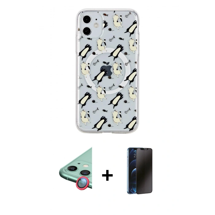 MARSİLYAN™- iPhone 11 Kılıf Pusula Form - Siyah 3D Antistatik Hayalet Cam Ekran Koruyucu + Raze Metal Kamera Lens - KI