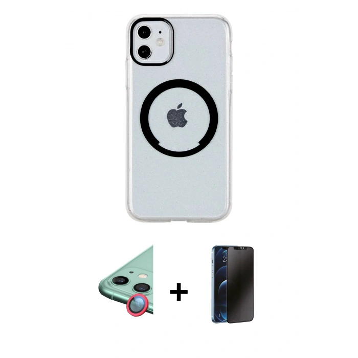 MARSİLYAN™- iPhone 11 Kılıf Pusula Form - Siyah 3D Antistatik Hayalet Cam Ekran Koruyucu + Raze Metal Kamera Lens - KI
